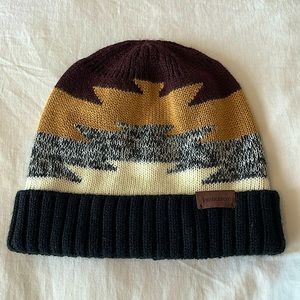 Pendleton beanie. Maroon, black, cream, gold colors with leather Pendleton tab.